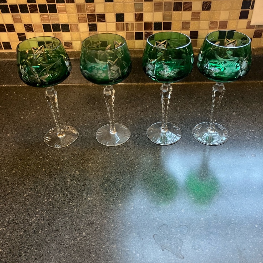 Set of 4 Antique Moser Hungarian Emerald Wine Goblets